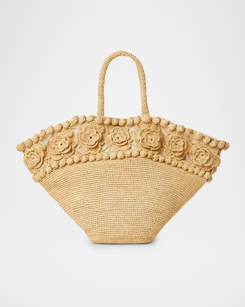 Floral-pattern raffia tote bag
